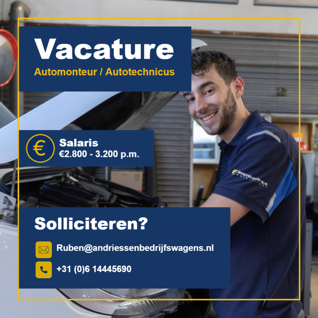1x1 afbeelding van een lachende monteur met daarover een layer met als tekst:

Vacature Automonteir/Auotechnicus

Salaris: €2.800 - €3.200 p/m

Solliciteren? 
Mail: Ruben@andriessenbedrijfswagens.nl
Bel: +31(0)614445690